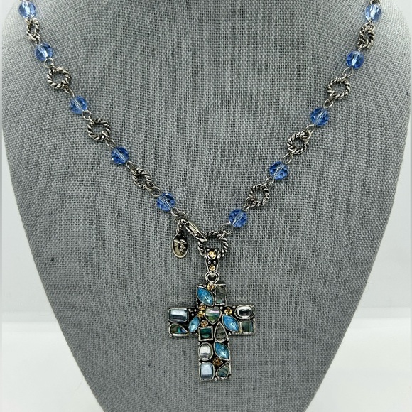 Cookie Lee Silver Necklace with Blue Gem Cross - Picture 1 of 6